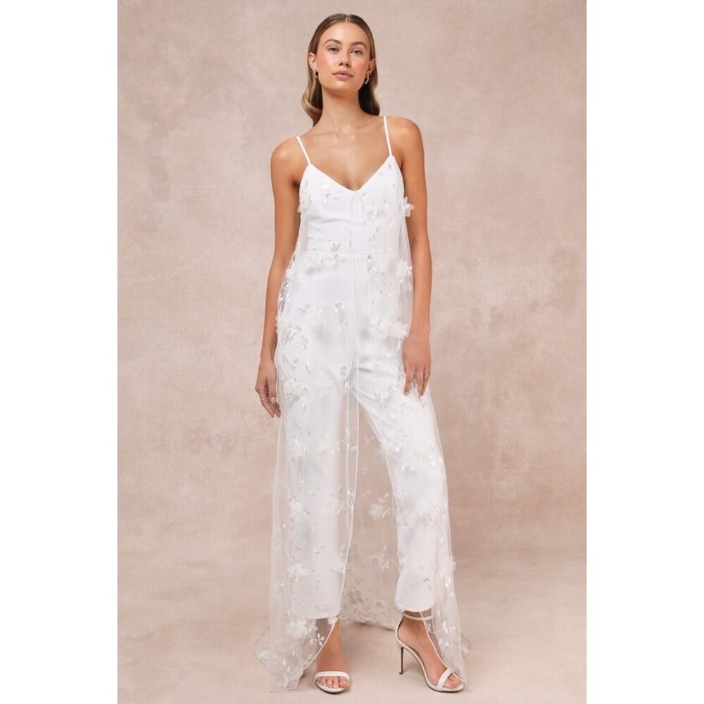 Lulus Extreme Elegance White Mesh Floral Embroidered Cape Jumpsuit - Size M